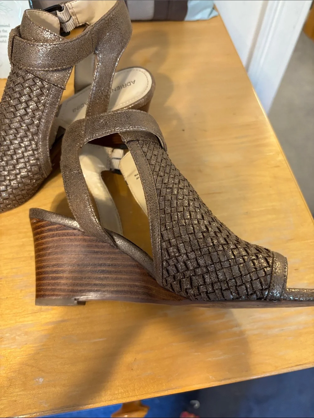 Adrienne Vittadini Metallic Bronze Woven Peep-Toe Wedges